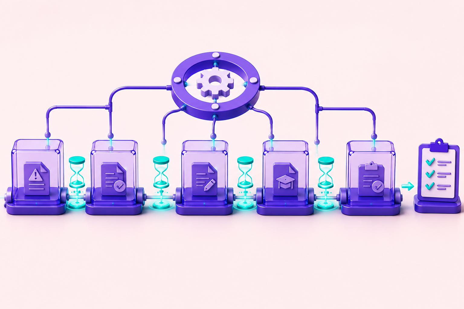 CAPA workflow pipeline showing eight stages with visible wait-state gaps between modules where cycle time accumulates
