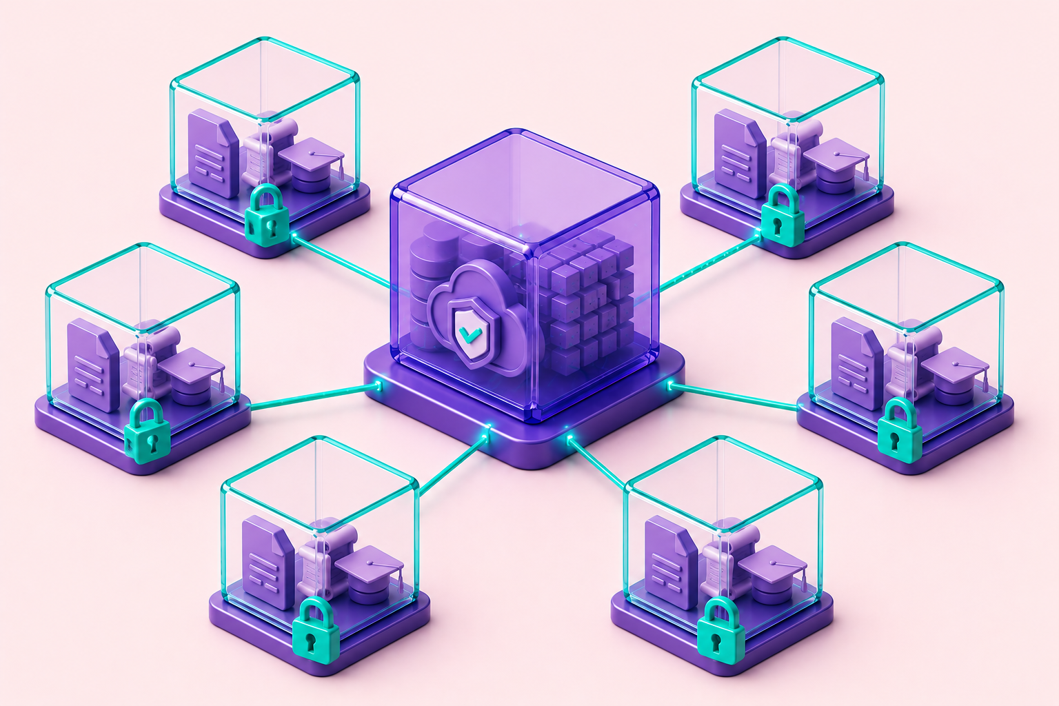 CDMO platform shown as a central infrastructure cube with multiple sponsor compartments around it, each compartment self-contained as a 'tenant of one' with its own scoped records and audit trail