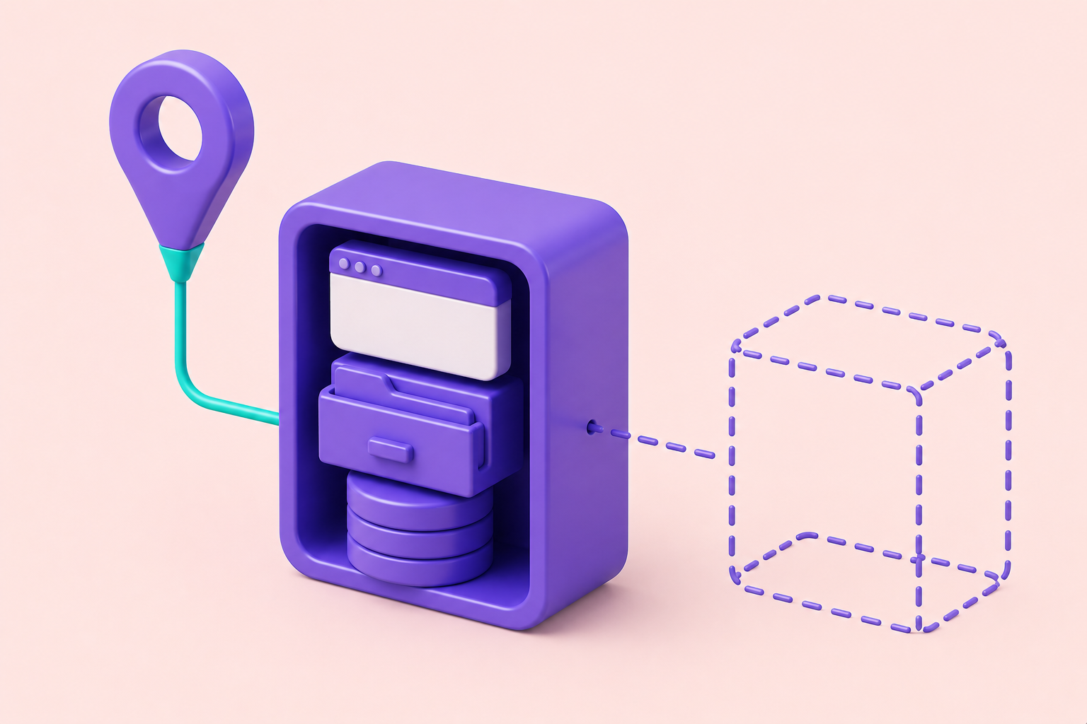 A purple map pin tethered to a solid container holding an app window, folder, and database stack, beside the empty dashed outline of a second container