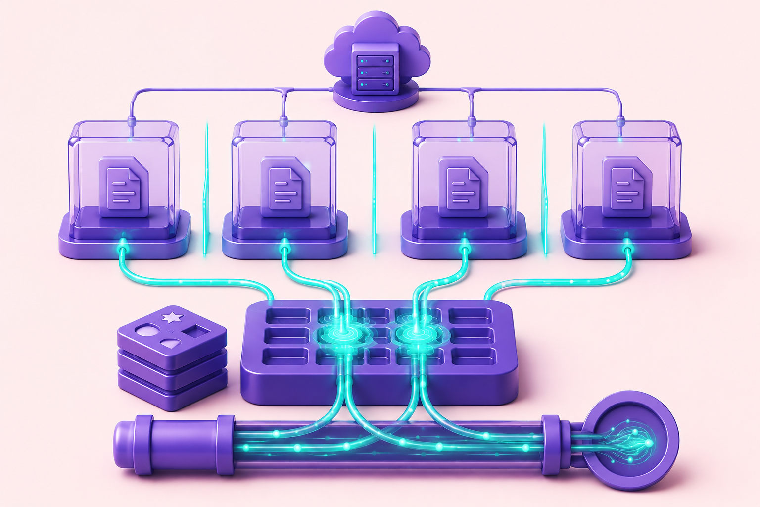 Two tenant streams feeding into shared SaaS infrastructure with isolation boundaries above and converging data streams at the cache and log layers below
