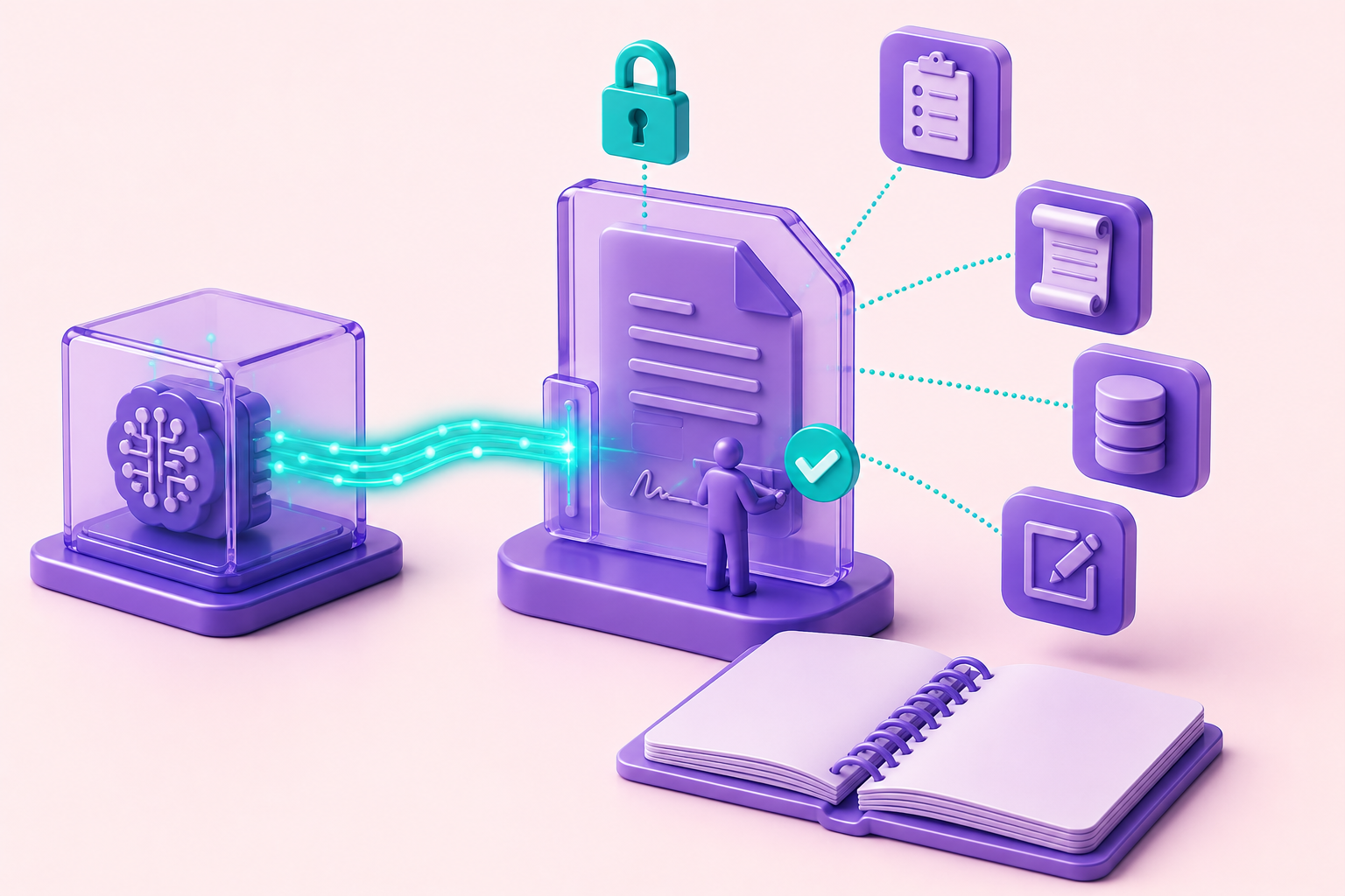 An inspector's notebook with annotations across two FDA clause excerpts, showing where AI-mediated documents enter the Quality Unit review workflow
