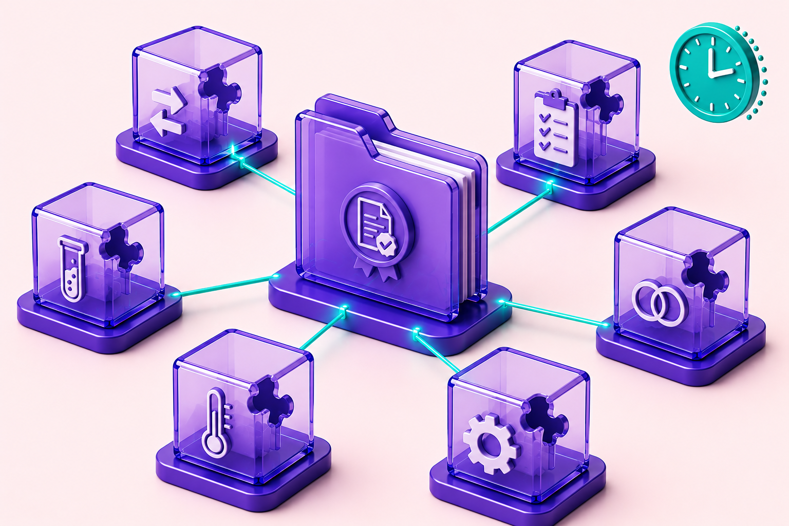 Six structured quality gaps shown as floating blocks around a central IND filing folder, with a clock face indicating clinical hold delay