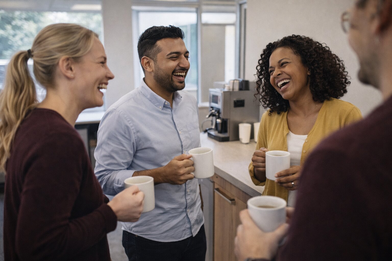 Team members at coffee break in office