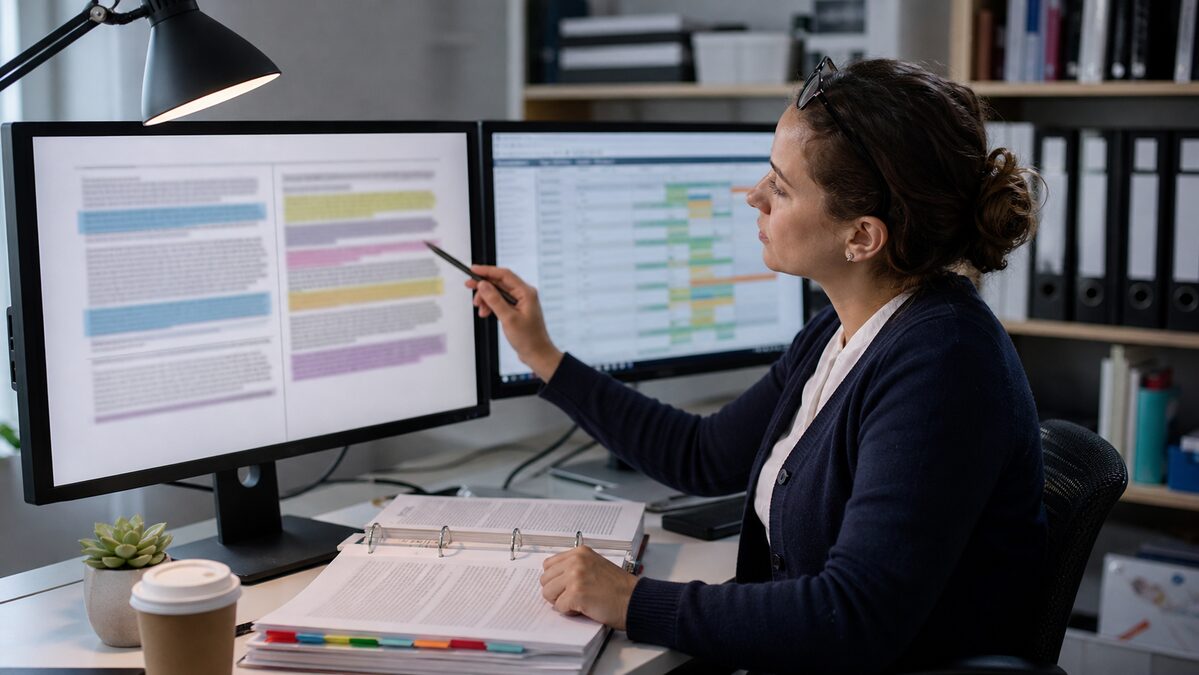 Regulatory affairs analyst cross-referencing FDA and EU GMP guidance with internal quality workflows