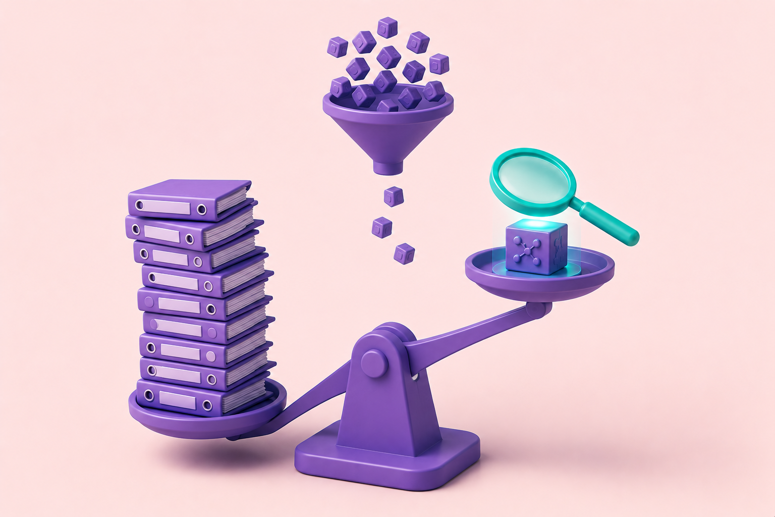 A clay balance scale: a tall stack of validation binders weighs one pan down, while the other pan rides light carrying only a single focused magnifying lens over one critical software module, with a funnel above filtering many task cubes down to a few