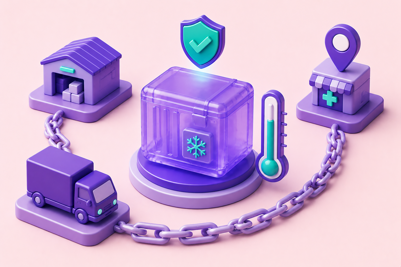 Good distribution practice showing the pharmaceutical distribution journey — warehouse, delivery truck, pharmacy, connected by a chain-link motif with cold-chain temperature monitoring
