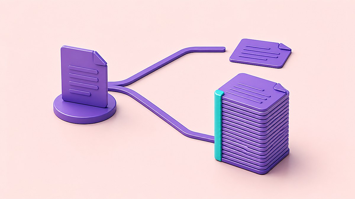 One requirement document branching into two paths — one ending in a single thin sheet, the other in a thick bound stack of evidence, showing how assurance depth differs per requirement