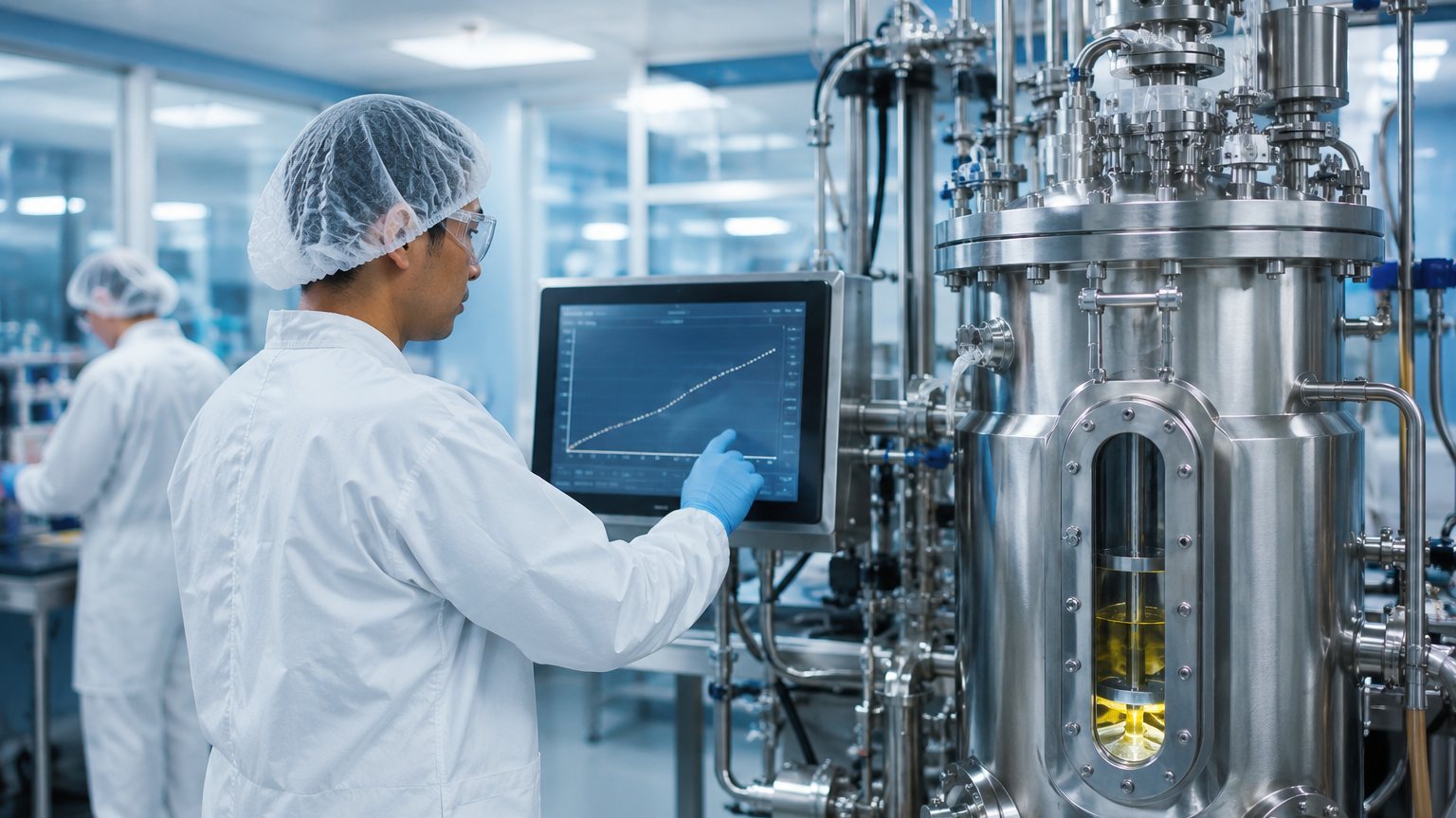Biotech scientists monitoring a stainless-steel bioreactor from a process control touchscreen