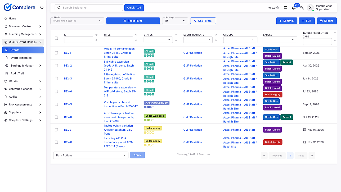 Quality events register: DEV-1 to DEV-8, GMP Deviation template, status from Under Inquiry to Closed, labels and target dates