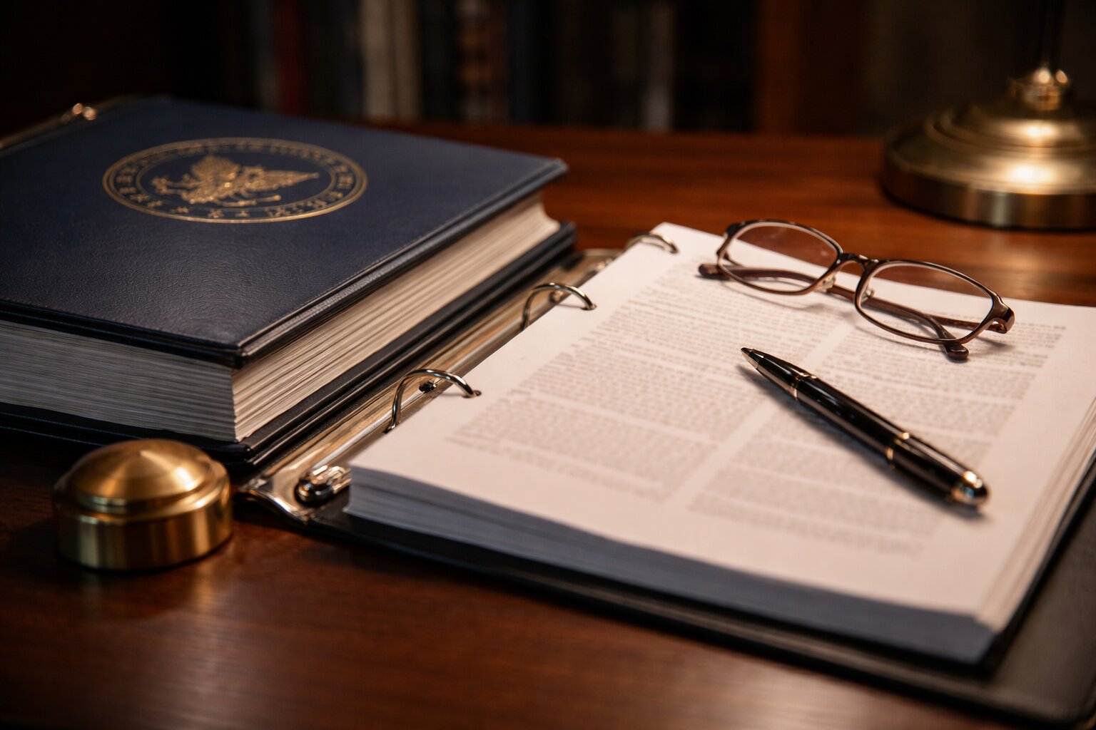 Regulation binder open on desk with reading glasses and fountain pen