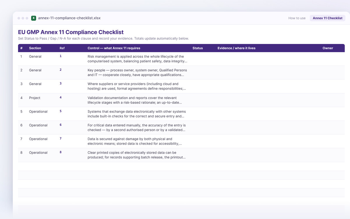 EU GMP Annex 11 compliance checklist — the Excel workbook you download, showing its columns and structure