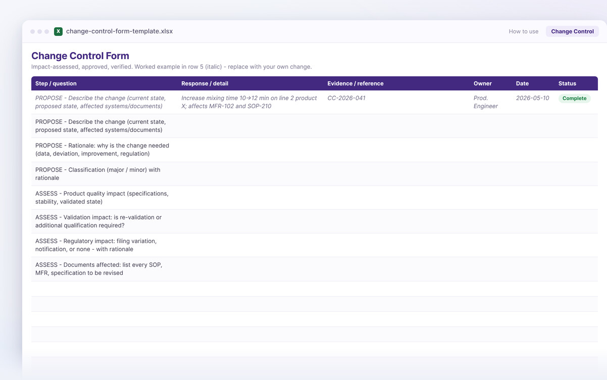 Change control form template — the Excel workbook you download, showing its steps and columns