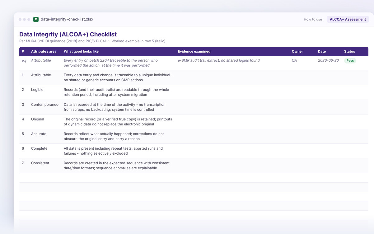 Data integrity ALCOA+ checklist — the Excel workbook you download, showing its attributes and columns