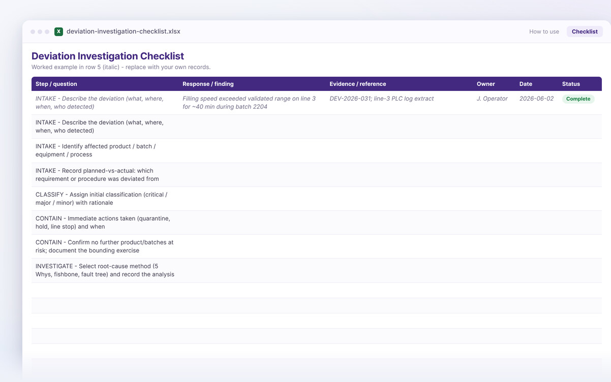 Deviation investigation checklist workbook