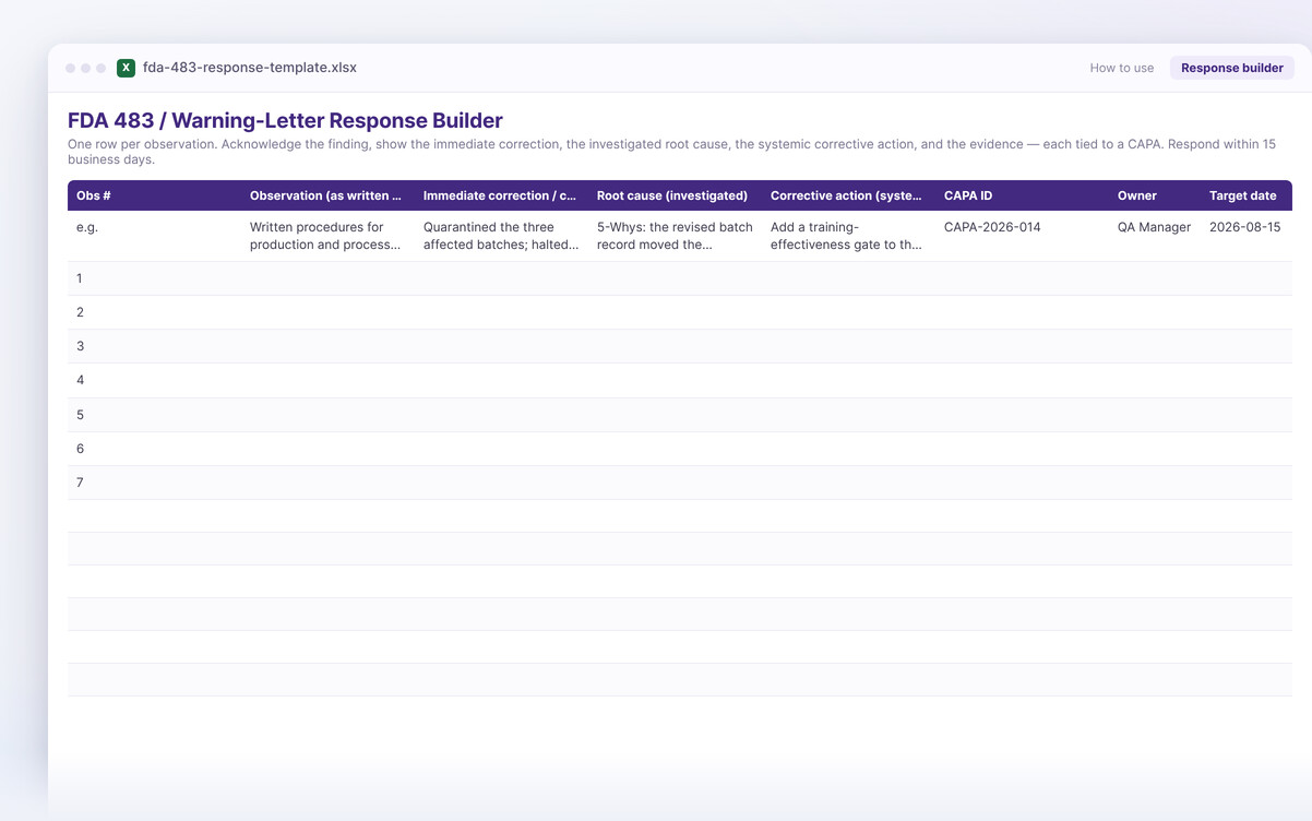 FDA 483 response template — the Excel workbook you download, showing its columns and structure