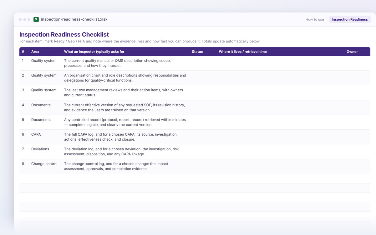Inspection readiness checklist — the Excel workbook you download, showing its columns and structure