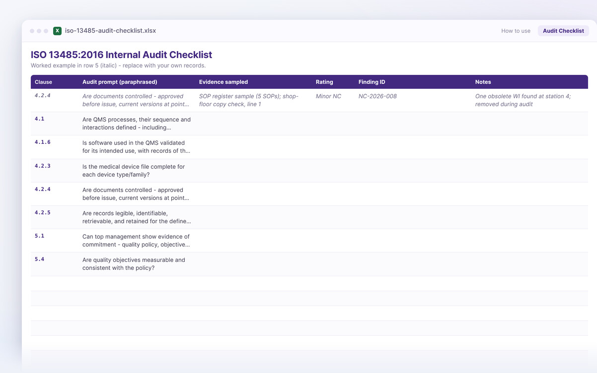 ISO 13485 audit checklist — the Excel workbook you download, showing its columns and structure