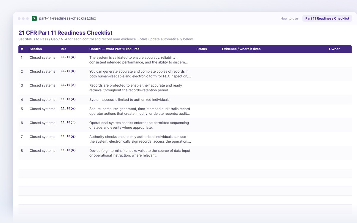 21 CFR Part 11 readiness checklist workbook