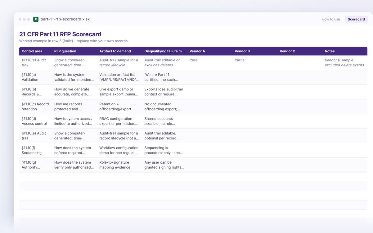 21 CFR Part 11 RFP scorecard — the Excel workbook you download, showing its columns and structure