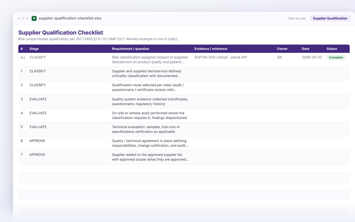 Supplier qualification checklist — the Excel workbook you download, showing its stages and columns